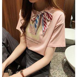 Elbow-sleeve Tie-neck Printed T-shirt