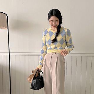 Crewneck Crop Argyle Knit Top