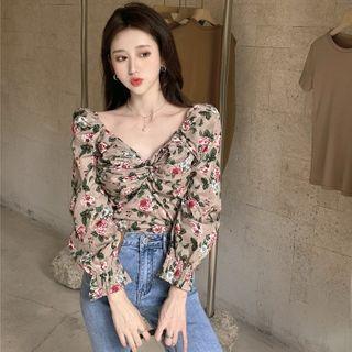 Off-shoulder Flower-print Twisted Crop Top