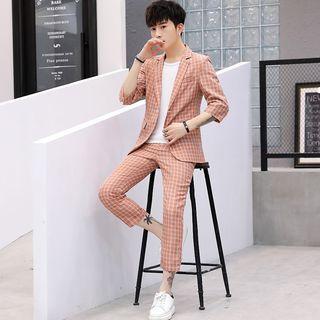 Set: Short Sleeve T-shirt + 3/4 Sleeve Check Blazer + Check Dress Pants