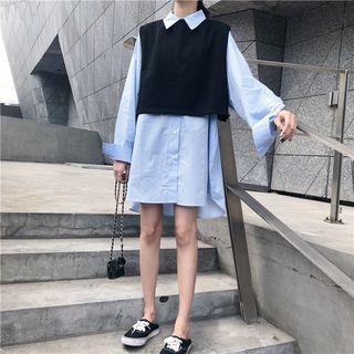 Striped Long-sleeve Loose-fit Shirt / Plain Vest