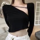 Long-sleeve Diagonal Collar Cropped Plain Top