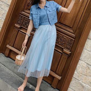 Set: Spaghetti-strap A-line Mesh Dress + Short-sleeve Buttoned Jacket