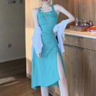 Sleeveless Plain Split Hem Knit Dress / Long-sleeve Plain Cardigan