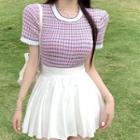 Short-sleeve Round Neck Slim Fit Knit Top Pink - One Size