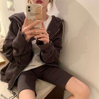 Plain Hooded Zip Oversize Hoodie / High-waist Plain Straight-cut Shorts
