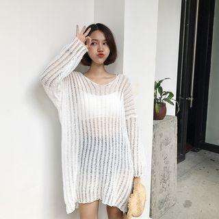 Long Sleeve V-neck See-through Knit Dress