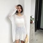 Long Sleeve V-neck See-through Knit Dress