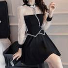 Set: Mesh-sleeve Keyhole Zip-up Cropped Top + Mini A-line Skirt