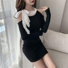Long-sleeve Cold Shoulder Bow-accent Mini Bodycon Dress