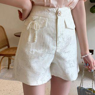 High-waist Faux Pearl Printed Wide-leg Shorts