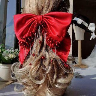 Bridal Fringed Ribbon Headpiece Wine Red - One Size