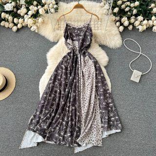 Suspender Floral Panel Asymmetrical Hem Dress