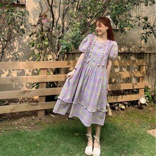 Puff-sleeve Ruffle Trim Plaid Dress Pink - One Size
