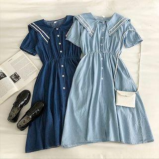 Color-block Trim Single-breasted Short-sleeve Denim Dress