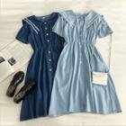 Color-block Trim Single-breasted Short-sleeve Denim Dress