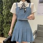 Short-sleeve Cropped Shirt / Cropped Camisole Top & Miniskirt Denim Matching Set