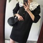 Lace Panel 3/4-sleeve Dress Black - One Size