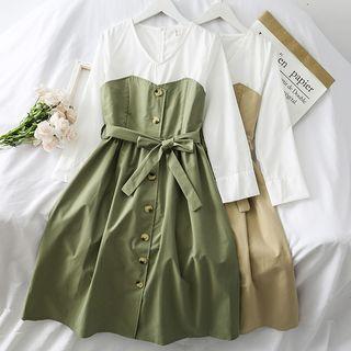 Mock Two-piece Colorblock V-neck Shirtdress With Sash