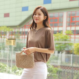 Buttoned-neck Linen Blend T-shirt