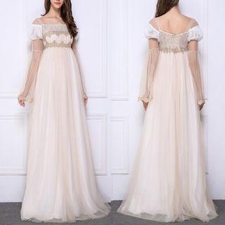 Short Puff Sleeve Lace Panel Princess Evening Gown