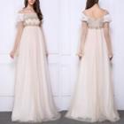 Short Puff Sleeve Lace Panel Princess Evening Gown