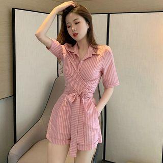 Elbow-sleeve Striped Top / Ribbon Shorts