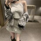 Zebra Print Long-sleeve Loose-fit Shirt / Set: Striped Camisole Top + Skirt