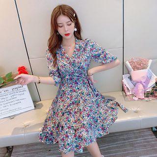 Elbow-sleeve Floral Print Mini A-line Wrap Dress