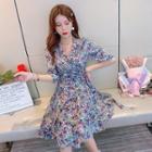 Elbow-sleeve Floral Print Mini A-line Wrap Dress
