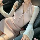 Collared Henley Mini Sheath Tank Dress / Long-sleeve Shrug