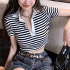 Short-sleeve Striped Cropped Polo-shirt
