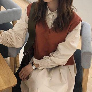 Plain Long-sleeve Dress / Plain Knit Vest