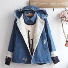 Cat Embroidered Hooded Denim Jacket/ Mock Two-piece Animal Print Pullover/ Set