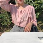 Puff-sleeve Plain Top Pink - One Size