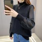 High-neck Lace Panel Plain Knit Sweater