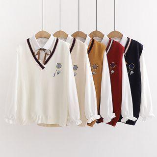 Set: V-neck Embroidered Sweater Vest + Shirt
