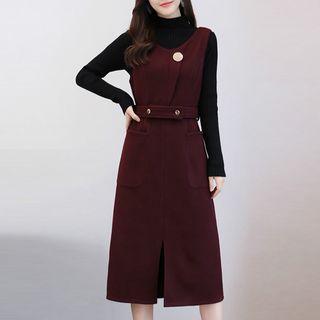 Set: Mock Neck Sweater + Slit Midi Pinafore Dress