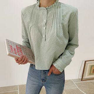 Frill-trim Pintuck-front Gingham Blouse