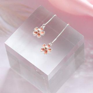 Sakura Faux Pearl Sterling Silver Fringed Earring 1 Pair - Pink Flower - Silver - One Size