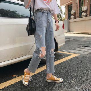 Frayed Hem Ripped Straight Fit Cropped Jeans