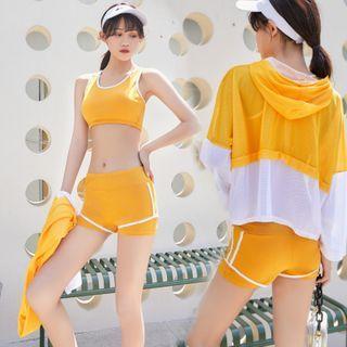 Set: Contrast Trim Tankini + Hoodie Cover Up