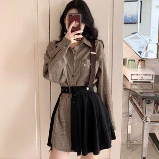 Plaid Long-sleeve Shirt Dress / A-line Skirt