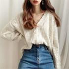 Long-sleeve V-neck Perforated Crochet Button-up Knit Jacket