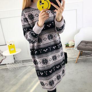 Mock-neck Patterned Long-sleeve Knit Dress