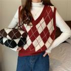 Argyle Sweater Vest / Mock-neck Plain Knit Top