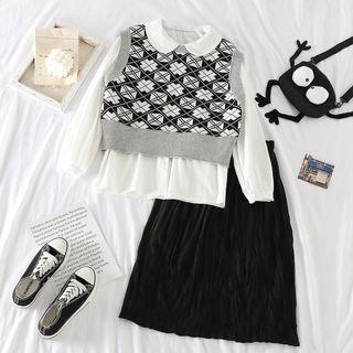 Pattern Printed Vest / Long-sleeve Plain Shirt / High-waist Ruffled Skirt