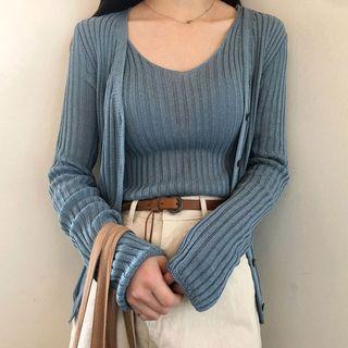 Long Sleeve Ribbed Cardigan Blue - One Size