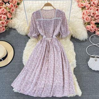 Lace-trim Floral Print Short-sleeve Chiffon Dress
