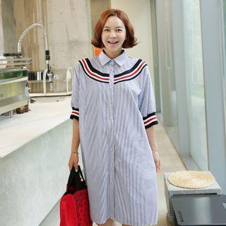 Contrast-trim Striped Shirtdress Navy Blue - One Size